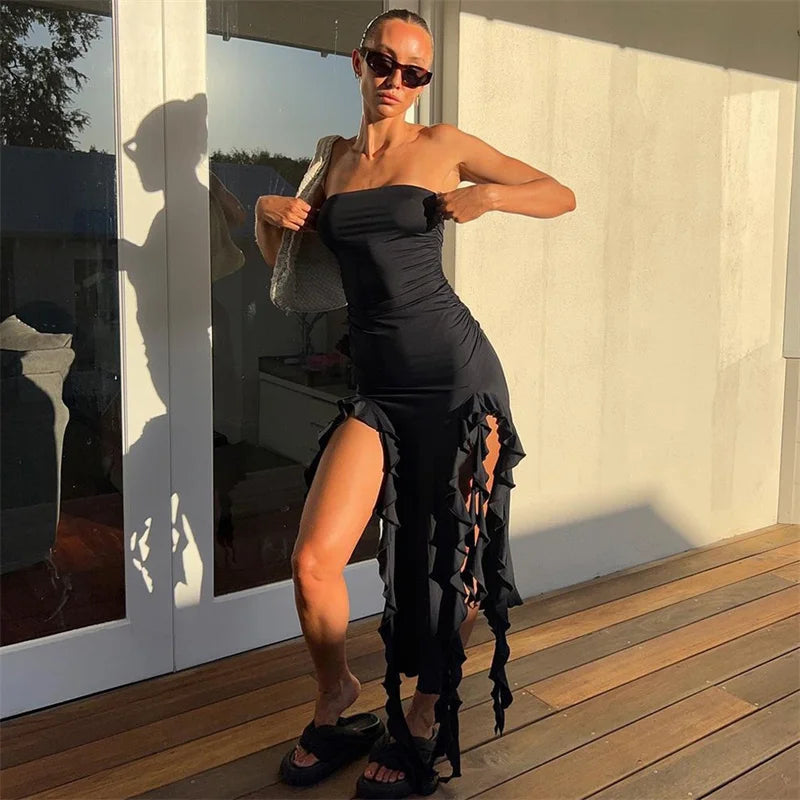 New Summer Y2K Sexy Strapless Dress Hot Sale Girl Off-shoulder Jellyfish Style Fungus Breast-wrapped Irregular Tassel Dresses