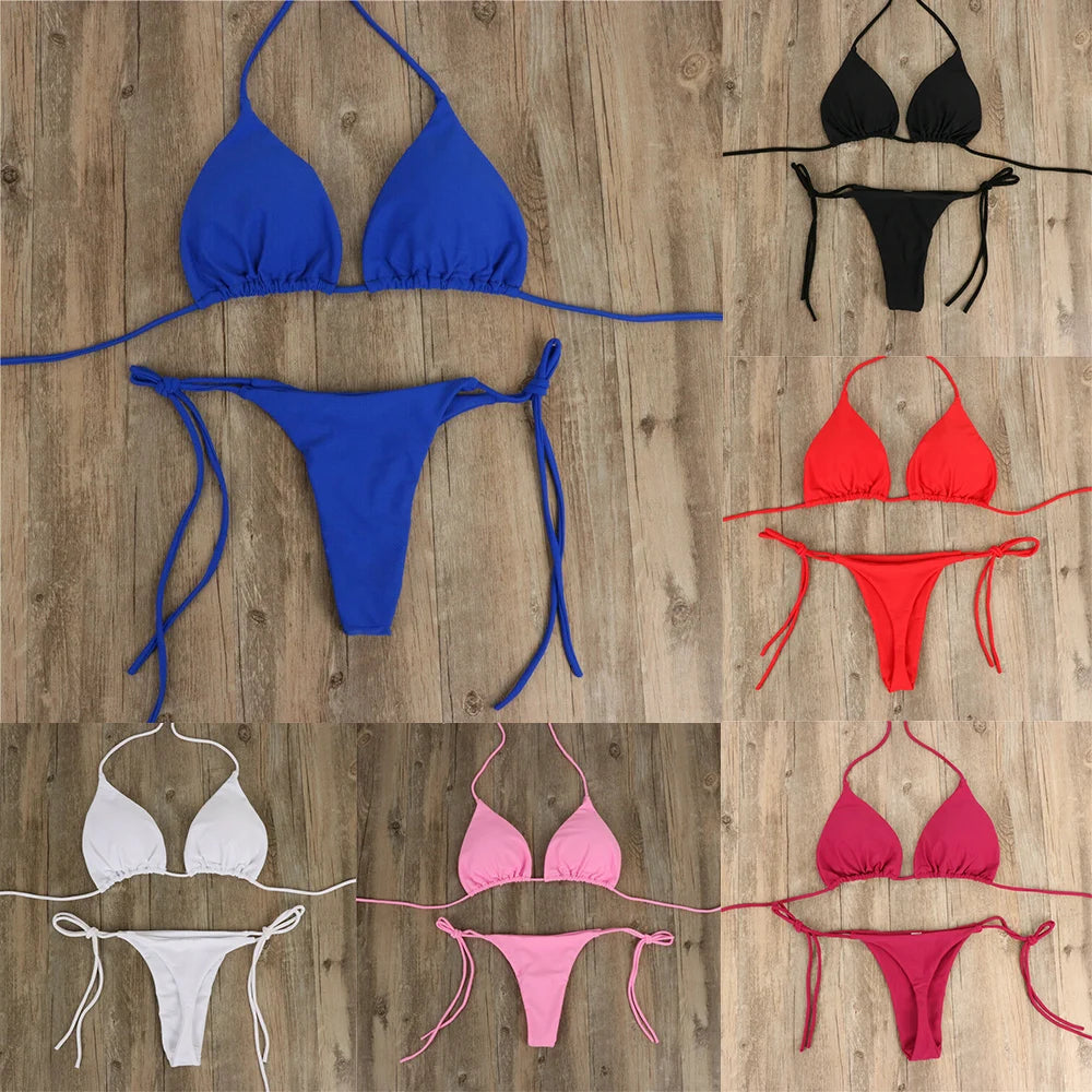 Women Thong Bikini Set Side Tie Sexy Swimsuit Bandage Style Brazilian Split Swimwear Female Bathing Suits 2024