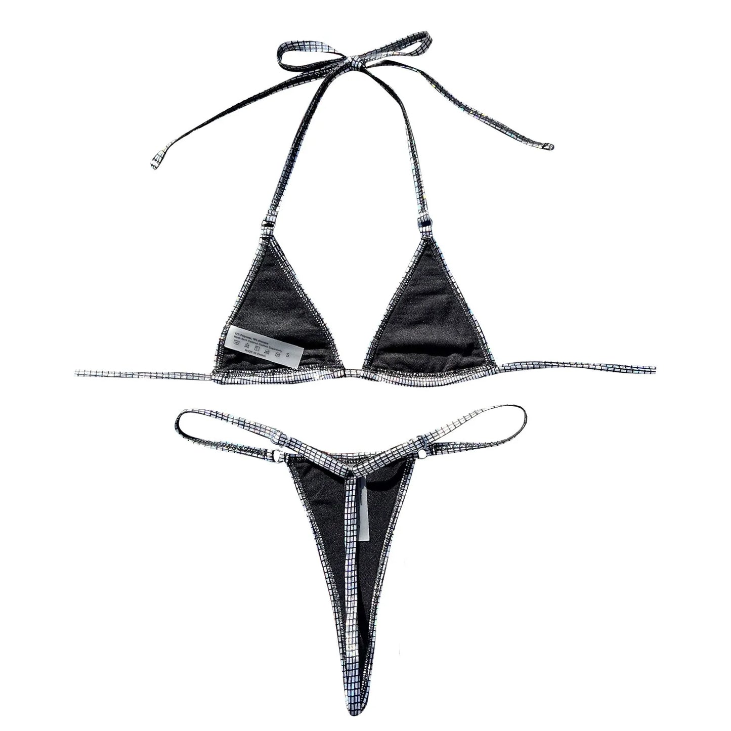 Glitter Silver Triangle Brazilian Bikini Push Up Swimwear Women Sexy Bathing Suits Thongs Halter Neck Lace Up Micro Swimsuits