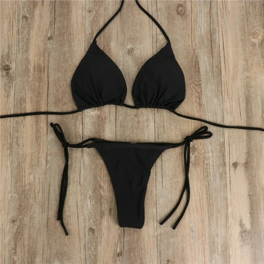 Women Thong Bikini Set Side Tie Sexy Swimsuit Bandage Style Brazilian Split Swimwear Female Bathing Suits 2024