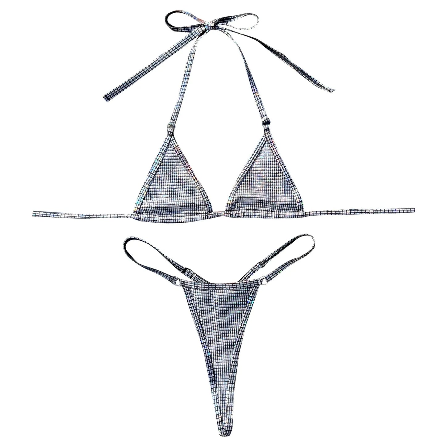 Glitter Silver Triangle Brazilian Bikini Push Up Swimwear Women Sexy Bathing Suits Thongs Halter Neck Lace Up Micro Swimsuits