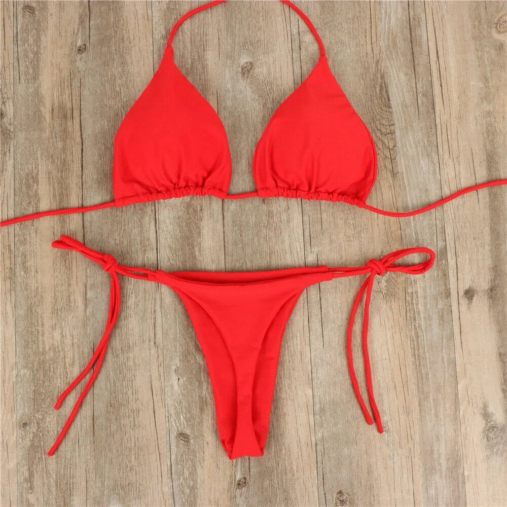 Women Thong Bikini Set Side Tie Sexy Swimsuit Bandage Style Brazilian Split Swimwear Female Bathing Suits 2024