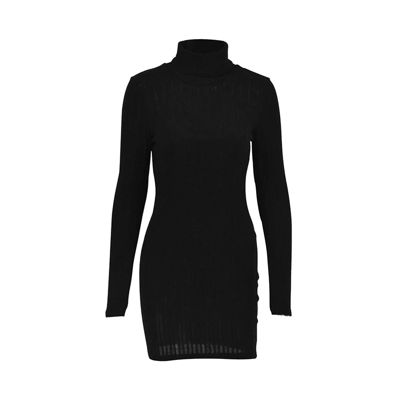 New Solid Dress Women Elegant Party Autumn Winter Turtleneck Long Sleeves Sexy Sheath Mini Dresses Bodycon Club Knitted Dress