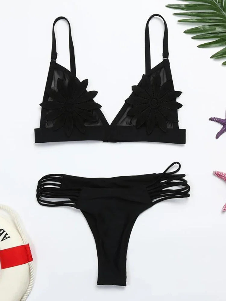 Fitshinling Mesh Flower Swimsuits Women Swimwear 2024 Summer Sexy Hot Bikini Sets Ladies Beachwear Bohemian Fashion Bathing Suit