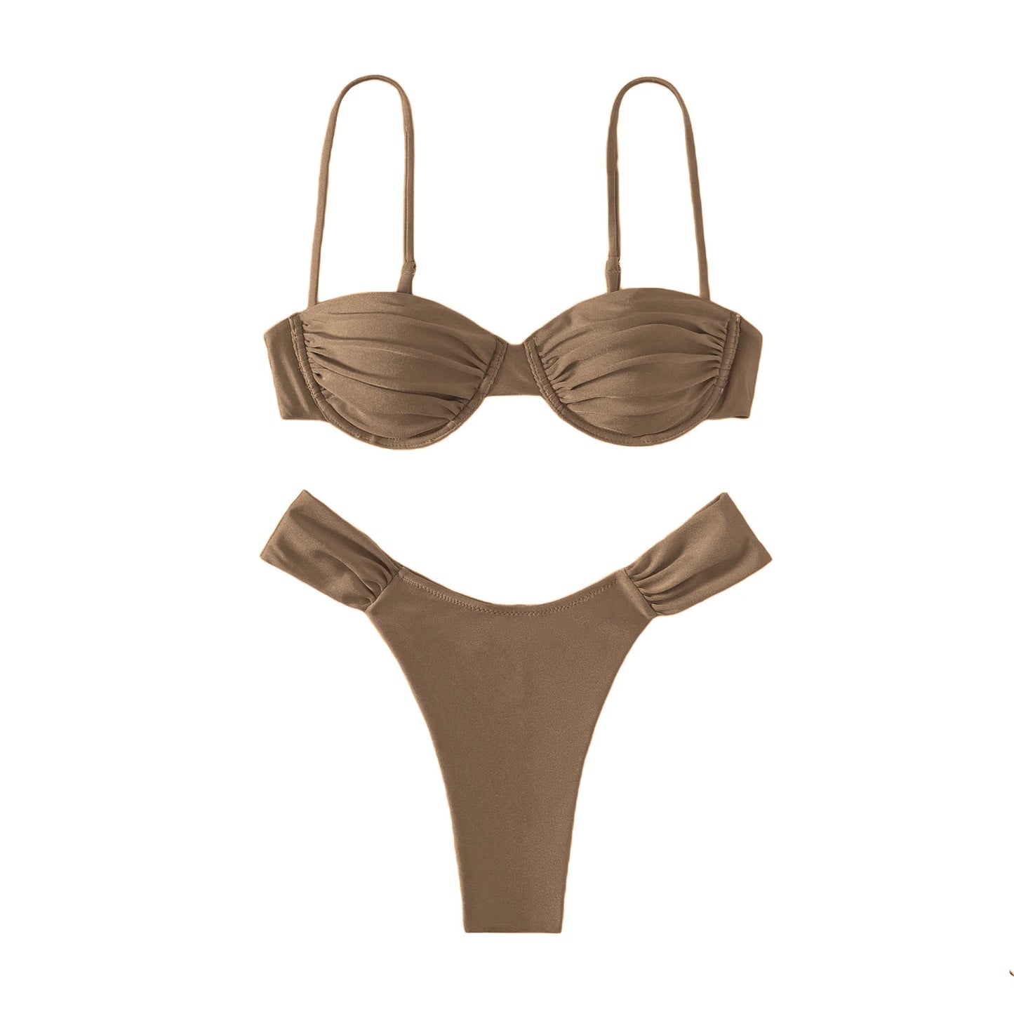 Women Sexy High Cut Bikini Sets Push-up Pleated Bra+Low Waist Briefs Two-Piece Swimsuits Solid Color Swimwear Beachwear Biquinis