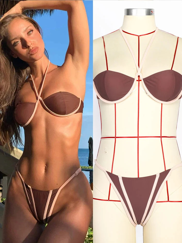 COOBBU Halter CUP Swimwear Sexy Bikinis Patchwork Swimsuit Women Bathing Suit Leopard Bikini Sets Solid Beachwear Biquini