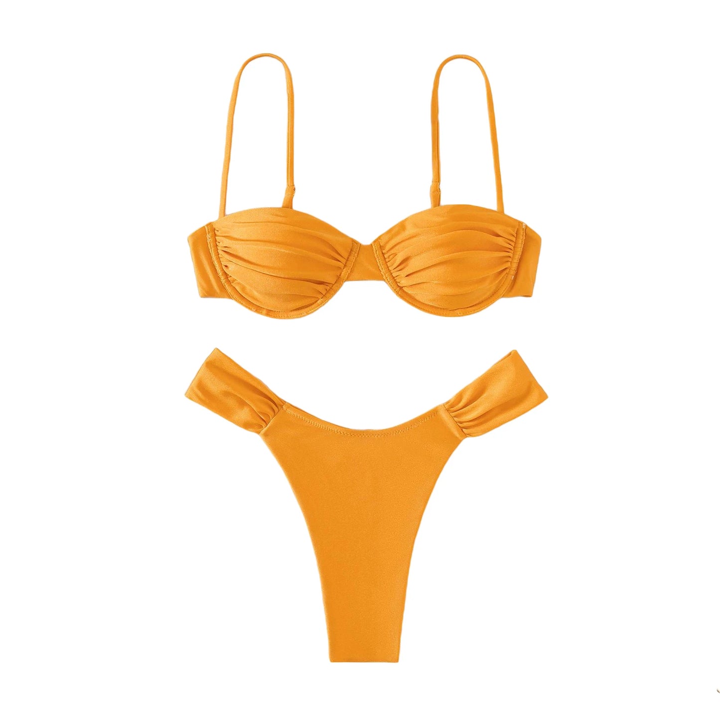 Women Sexy High Cut Bikini Sets Push-up Pleated Bra+Low Waist Briefs Two-Piece Swimsuits Solid Color Swimwear Beachwear Biquinis