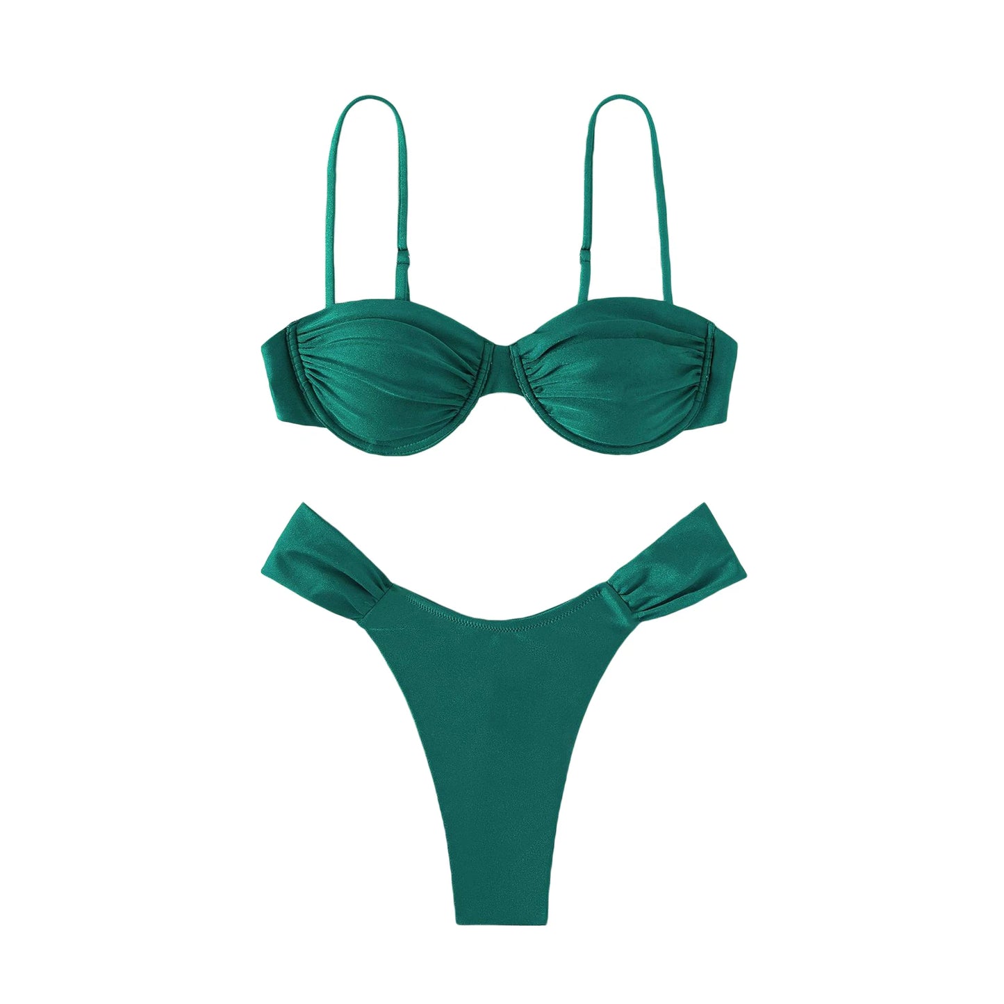 Women Sexy High Cut Bikini Sets Push-up Pleated Bra+Low Waist Briefs Two-Piece Swimsuits Solid Color Swimwear Beachwear Biquinis