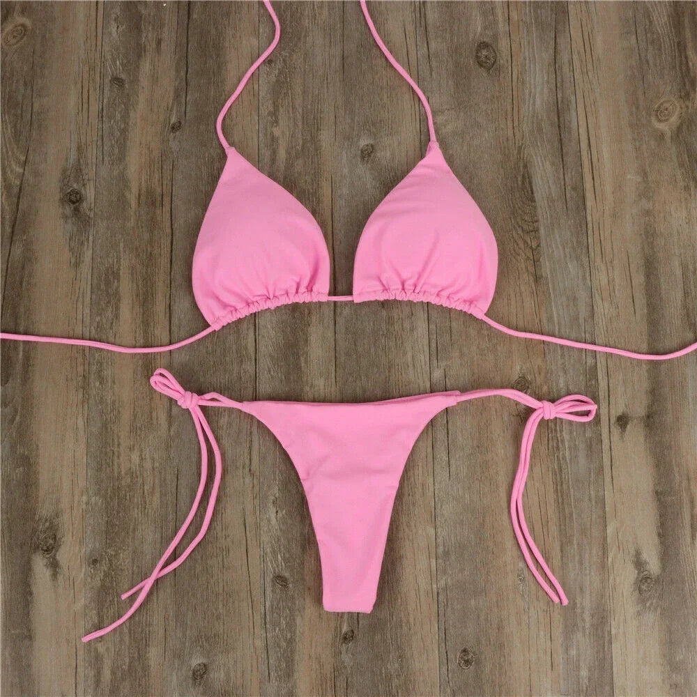 Women Thong Bikini Set Side Tie Sexy Swimsuit Bandage Style Brazilian Split Swimwear Female Bathing Suits 2024