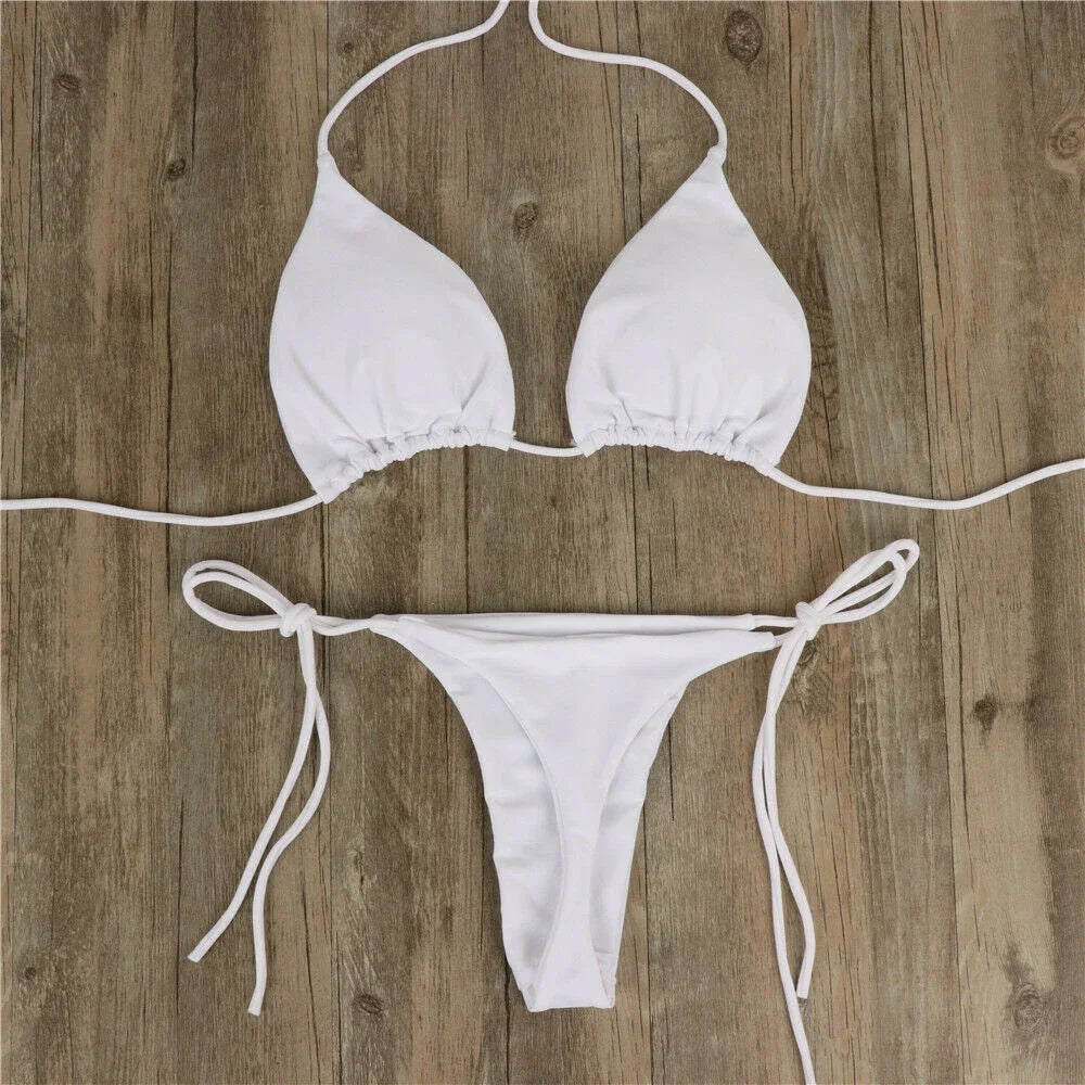 Women Thong Bikini Set Side Tie Sexy Swimsuit Bandage Style Brazilian Split Swimwear Female Bathing Suits 2024