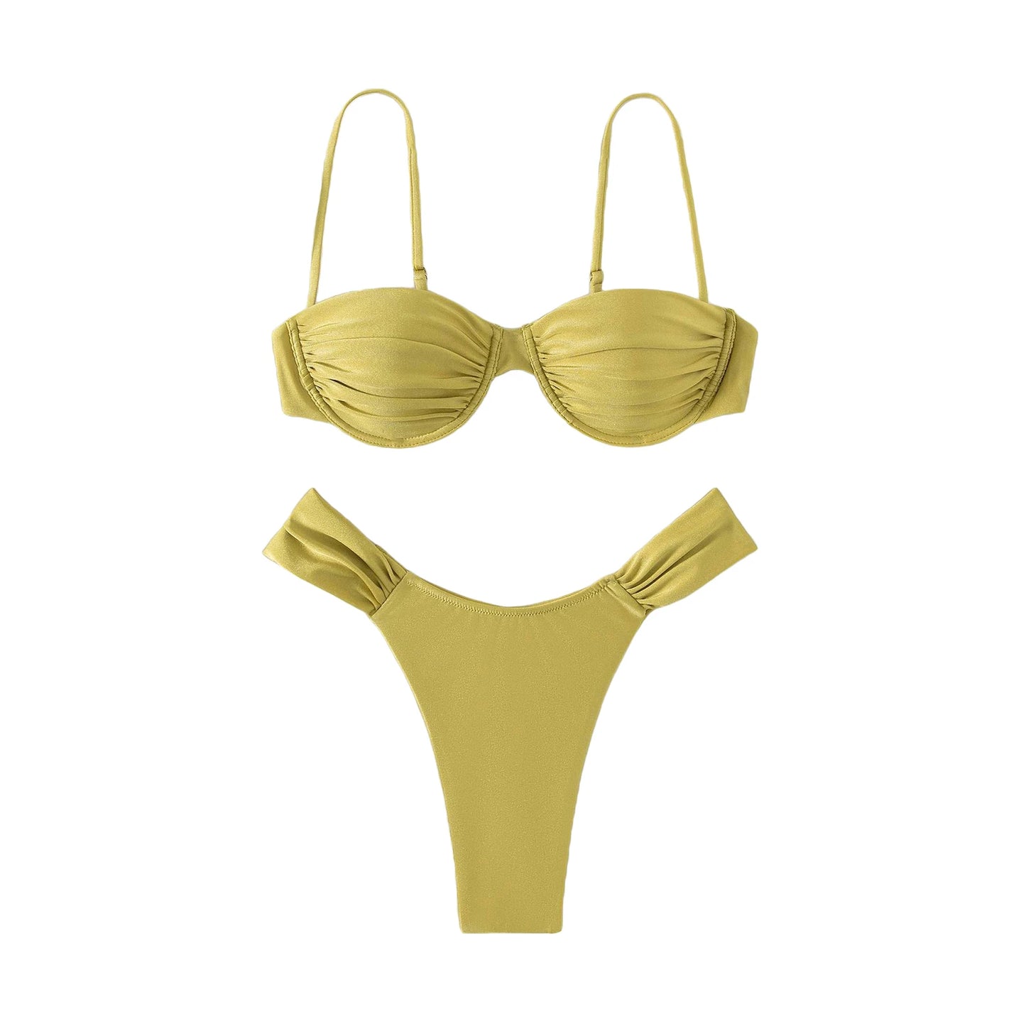 Women Sexy High Cut Bikini Sets Push-up Pleated Bra+Low Waist Briefs Two-Piece Swimsuits Solid Color Swimwear Beachwear Biquinis