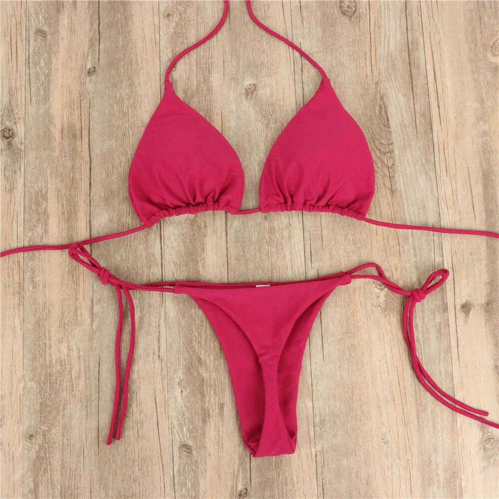 Women Thong Bikini Set Side Tie Sexy Swimsuit Bandage Style Brazilian Split Swimwear Female Bathing Suits 2024