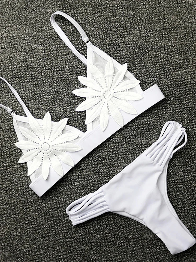 Fitshinling Mesh Flower Swimsuits Women Swimwear 2024 Summer Sexy Hot Bikini Sets Ladies Beachwear Bohemian Fashion Bathing Suit