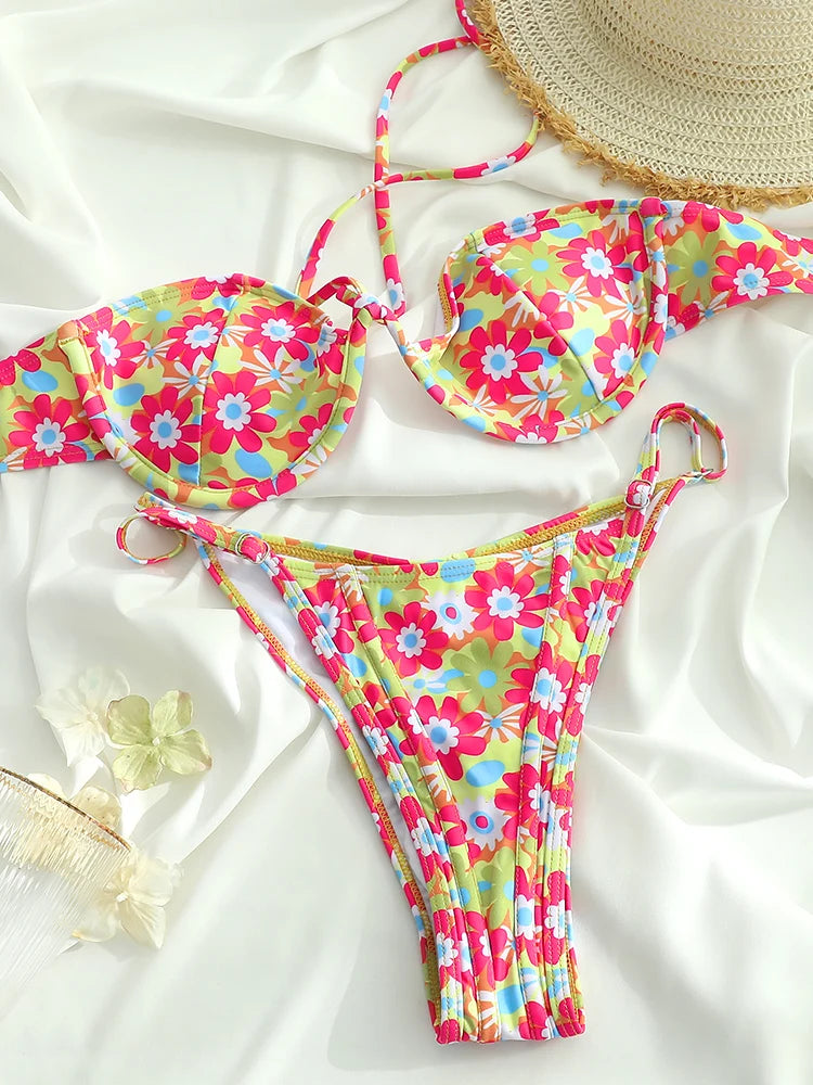 Bordered Bikini Sets for Women Off Shoulder Swimwear Sexy Bikinis Patchwork Swimsuit Bathing Suit Leopard Print Beachwear